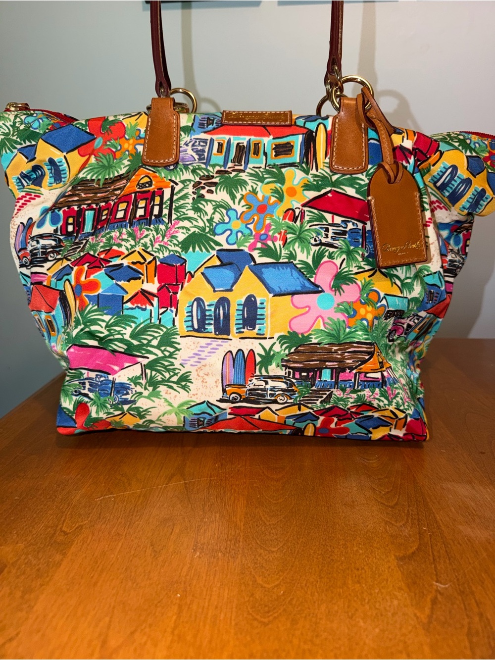 Dooney & Bourke Multicolor Sandbar Tropical Print Satchel with Tan Leather Trim